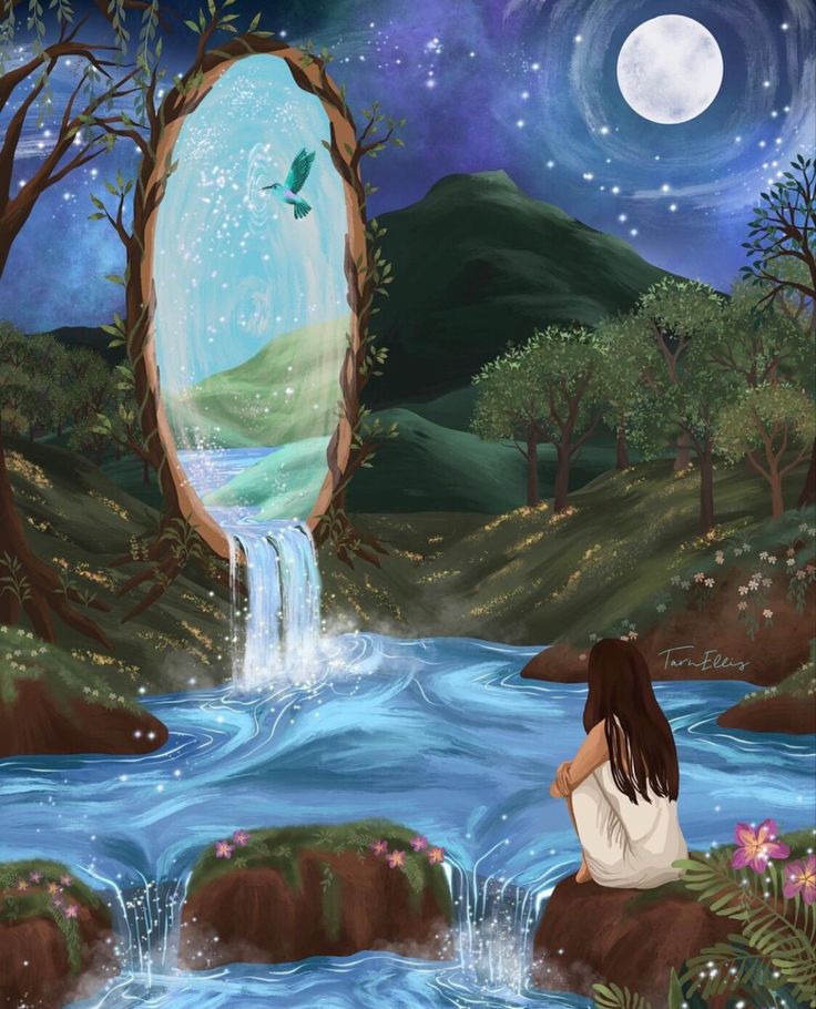 a painting of a woman sitting in front of a waterfall with a bird flying over it