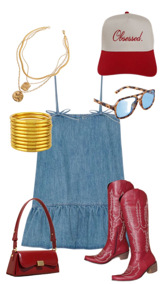 Denim Dress Outfit Gameday, Classy American Outfits, Things To Wear To A Country Concert, Txst Game Day Fits, Outdoor Music Festival Outfits Fall, Overalls Country Concert Outfit, Zb Concert Outfits, Leather Skirt Cowboy Boots Outfit, Denim Club Outfit