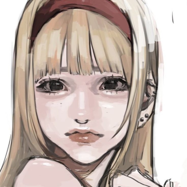 a drawing of a woman with blonde hair and bangs, wearing a red headband