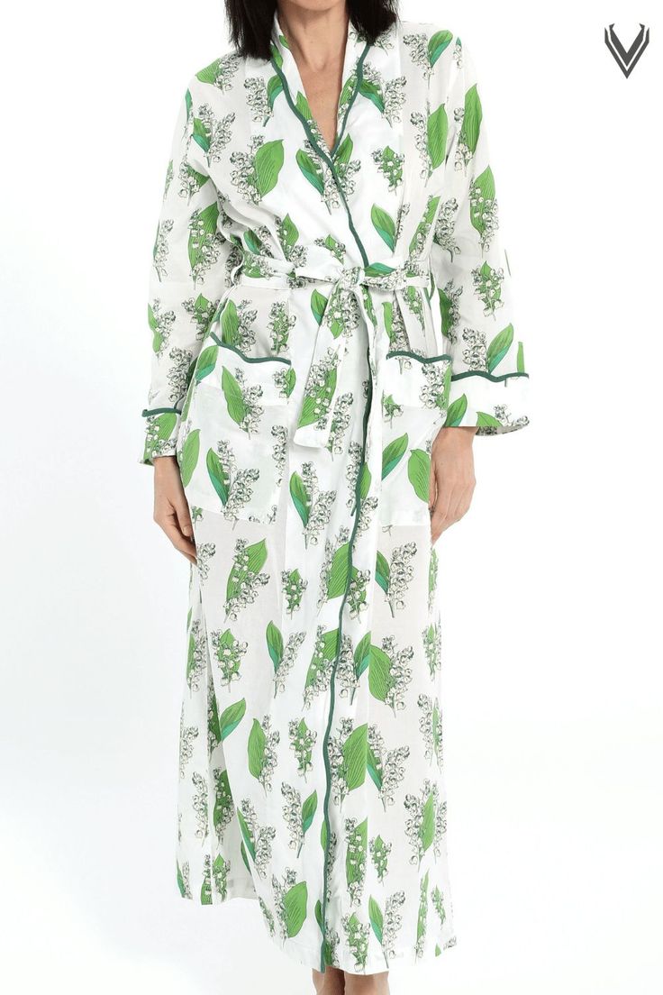 This unique robe is designed in California and printed in Jaipur, India. Made with 100% soft light-weight cotton this robe has a tailored, straight fit + Features a spacious pocket on each side, Matching belt and interior adjustable ties. Heidi Carey Home Wear Collection #HeidiCarey Spring Long Robe For Home, Long Spring Robe For Home, Long Floral Print Sleepwear For Spring, Feminine Floral Print Robe For Loungewear, Elegant Cotton Kimono, Long Floral Print Robe For Loungewear, Elegant Spring Cotton Robe, Elegant Spring Home Robe, Green Spring Loungewear Robe