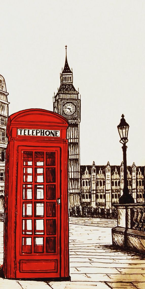 a drawing of a red phone booth in front of big ben and the clock tower