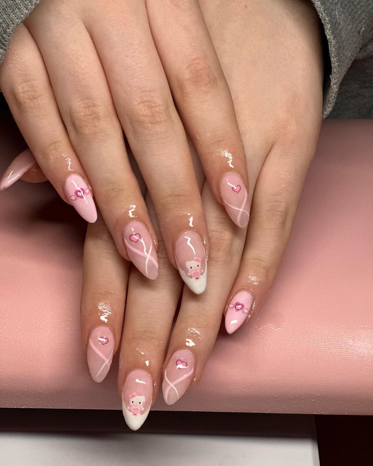 Hello Kitty Nails Almond Shape, Nail Inspo Girly, Almond Hello Kitty Nails, Doing Nails Aesthetic, Hello Kitty Nails Design, Hello Kitty Almond Nails, Complex Nail Art, Pink Nails Hello Kitty, Hello Kitty French Tip Nails