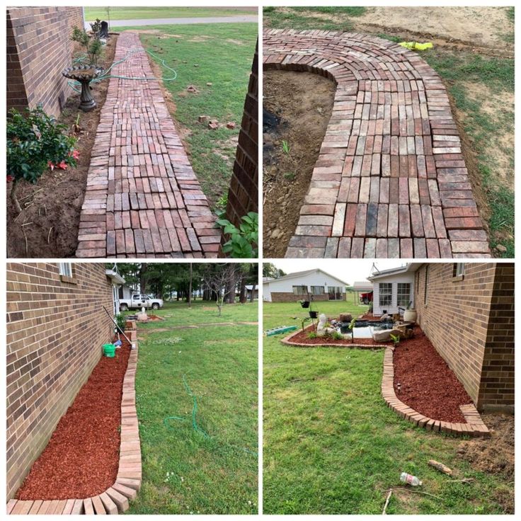 four different views of a brick walkway in the yard