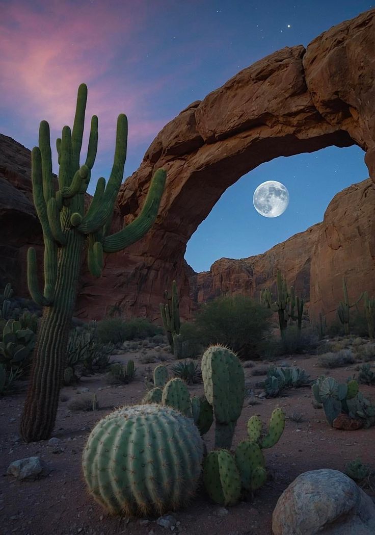 a full moon is seen in the sky over some cactus and cacti at night