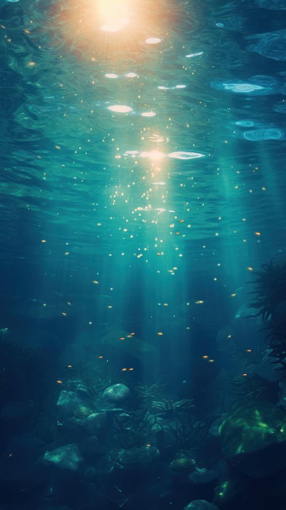 an underwater scene with sunlight shining through the water