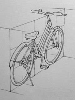 a drawing of a bicycle in a room with no one on the bike, it's front wheel still attached to the wall