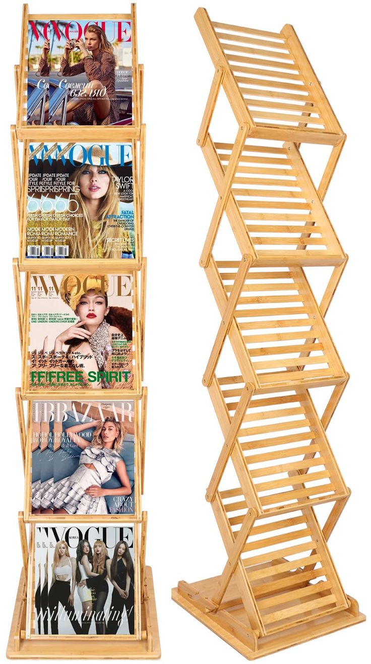 a wooden magazine rack with magazines on it