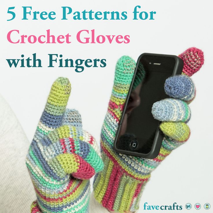 a person wearing knitted mittens and gloves holding up a cell phone with the text 5 free patterns for crochet gloves with fingers