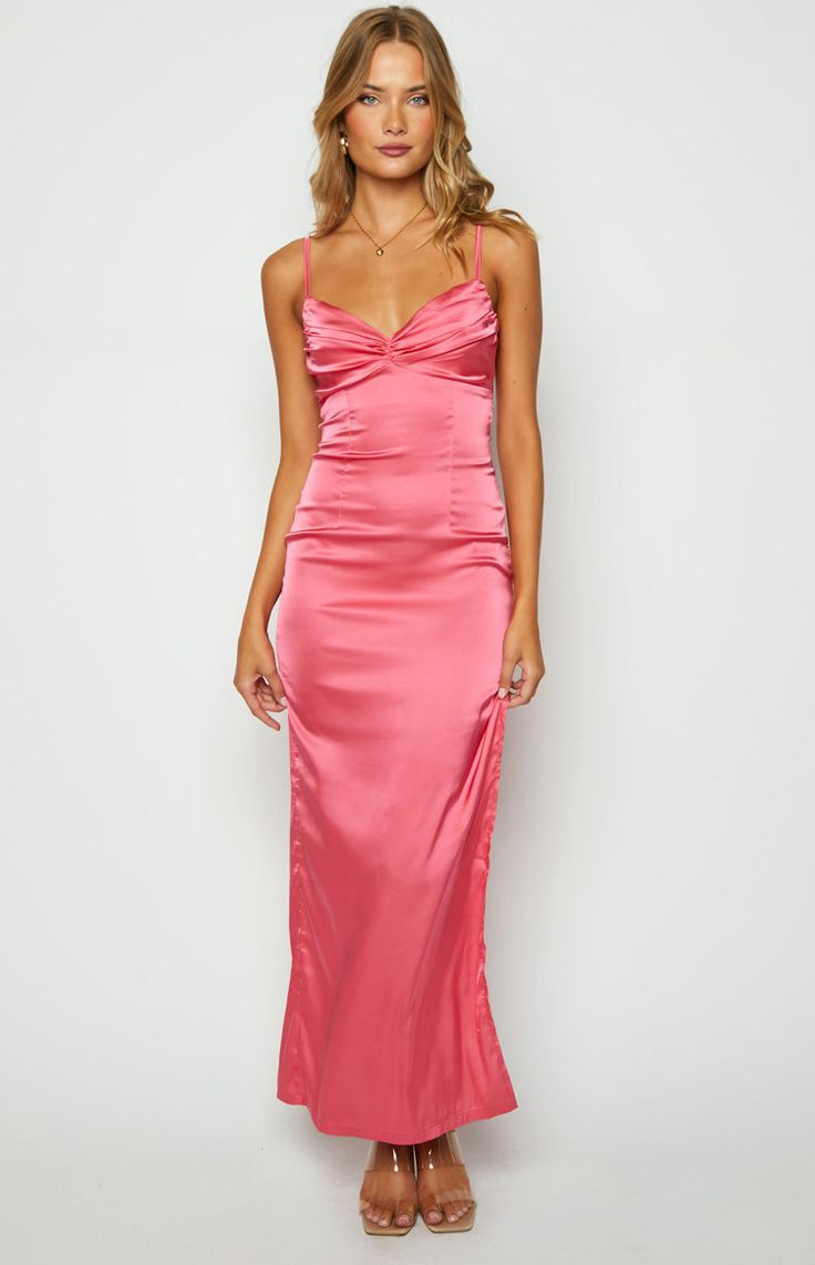 Pink Satin Maxi Dress Ring Dance, Hoco Inspo, Honey Pink, Grad Pictures, Semi Dresses, Prom Inspo, Prom Midi Dress, Bridesmaid Colors, 60's Dress