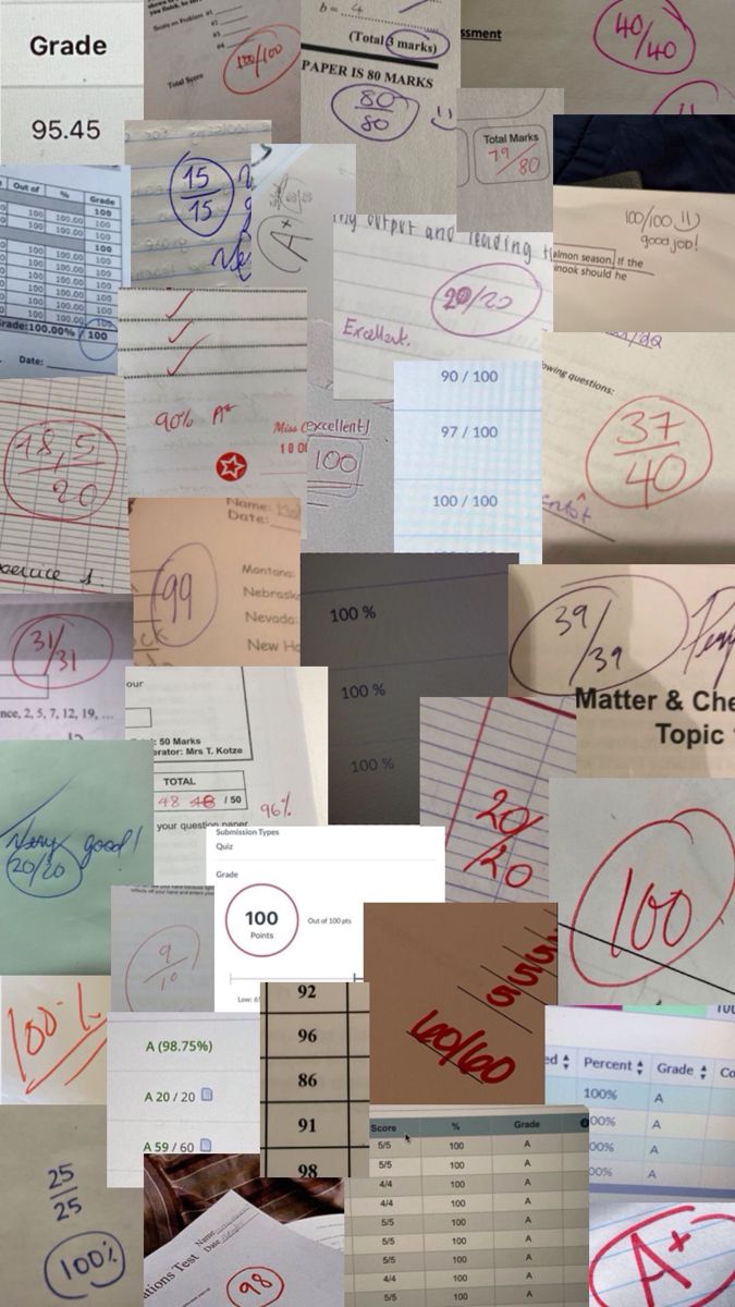 many different types of papers with writing on them and numbers in red, blue, yellow or green