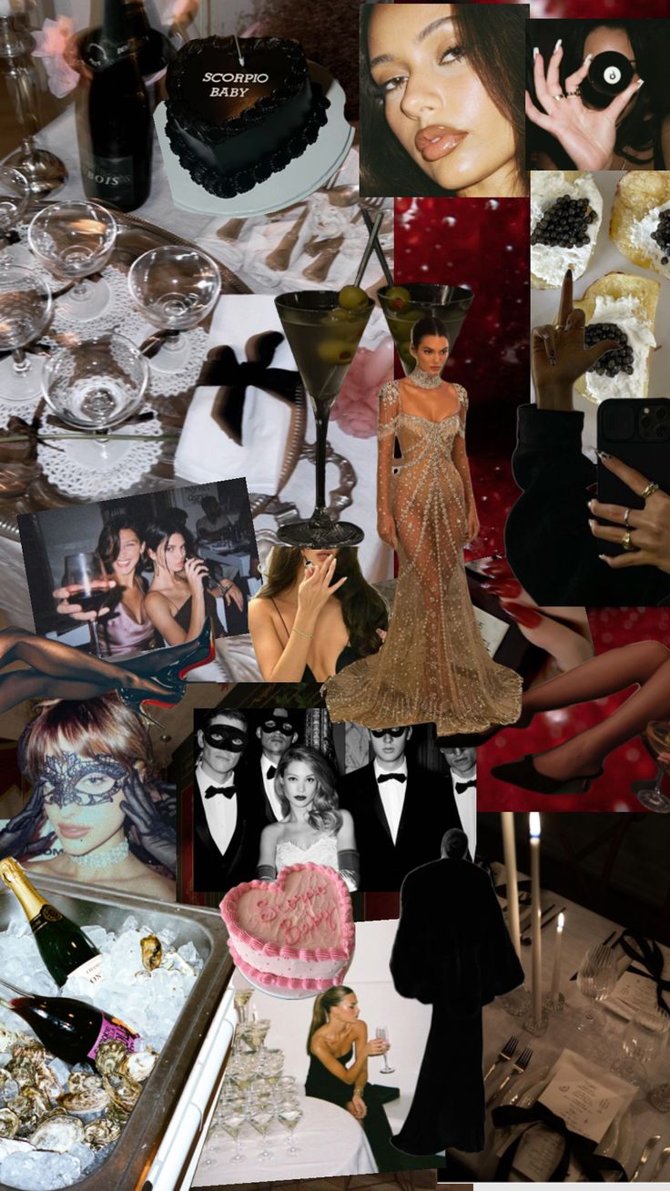 a collage of photos with women and men in formal wear, including cake, wine glasses, and other items