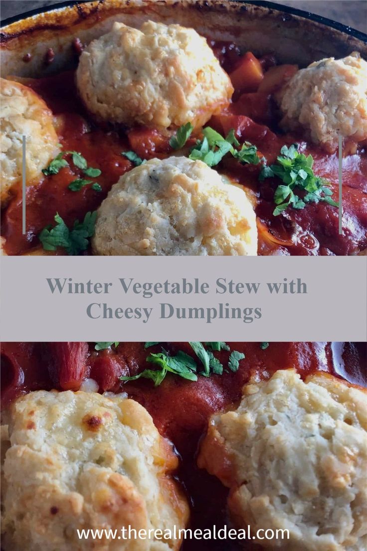 a pot filled with meat and vegetables covered in cheese dumplings on top of a wooden table