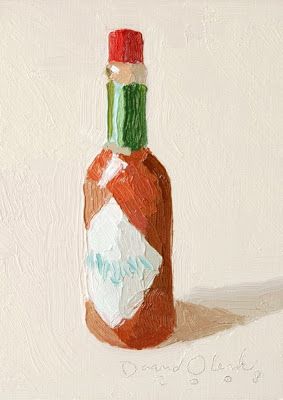 an oil painting of a bottle with paper on the top and bottom, sitting in front of a white wall