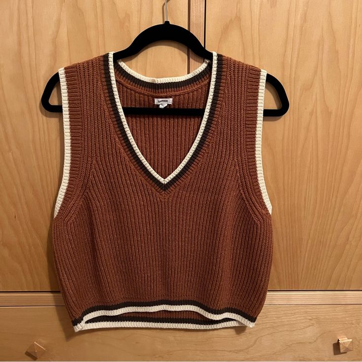 Knitted Never Worn, Perfect Condition Slightly Cropped Retro Knitted Brown Tops, Fall Cotton Open Knit Sweater Vest, Fall Open Knit Cotton Sweater Vest, Cotton Open Knit Sweater Vest For Fall, Knitted Brown Sweater Vest For Spring, Ootd Moodboard, Brown Sweater Vest, Sweater Vest Outfit, Sweater Vests