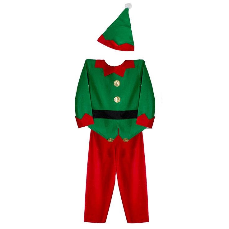 a green and red christmas suit with a santa hat