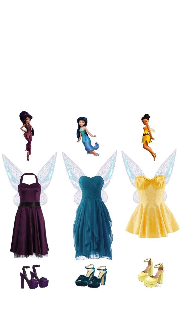 four different types of dresses and shoes with fairy characters on the front, one in blue