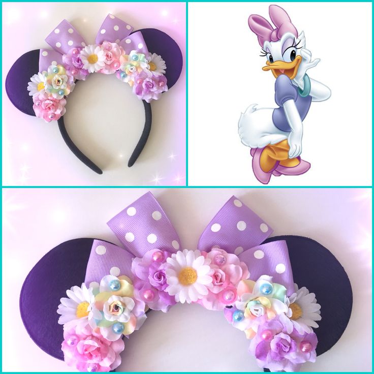 two pictures of minnie mouse ears with flowers on them and one has a purple polka dot headband