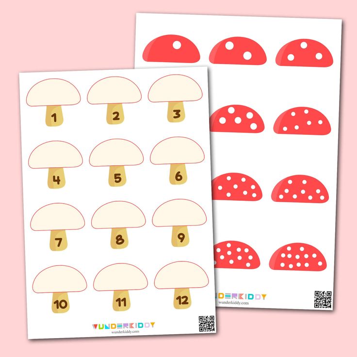 two mushroom themed worksheets with numbers on them