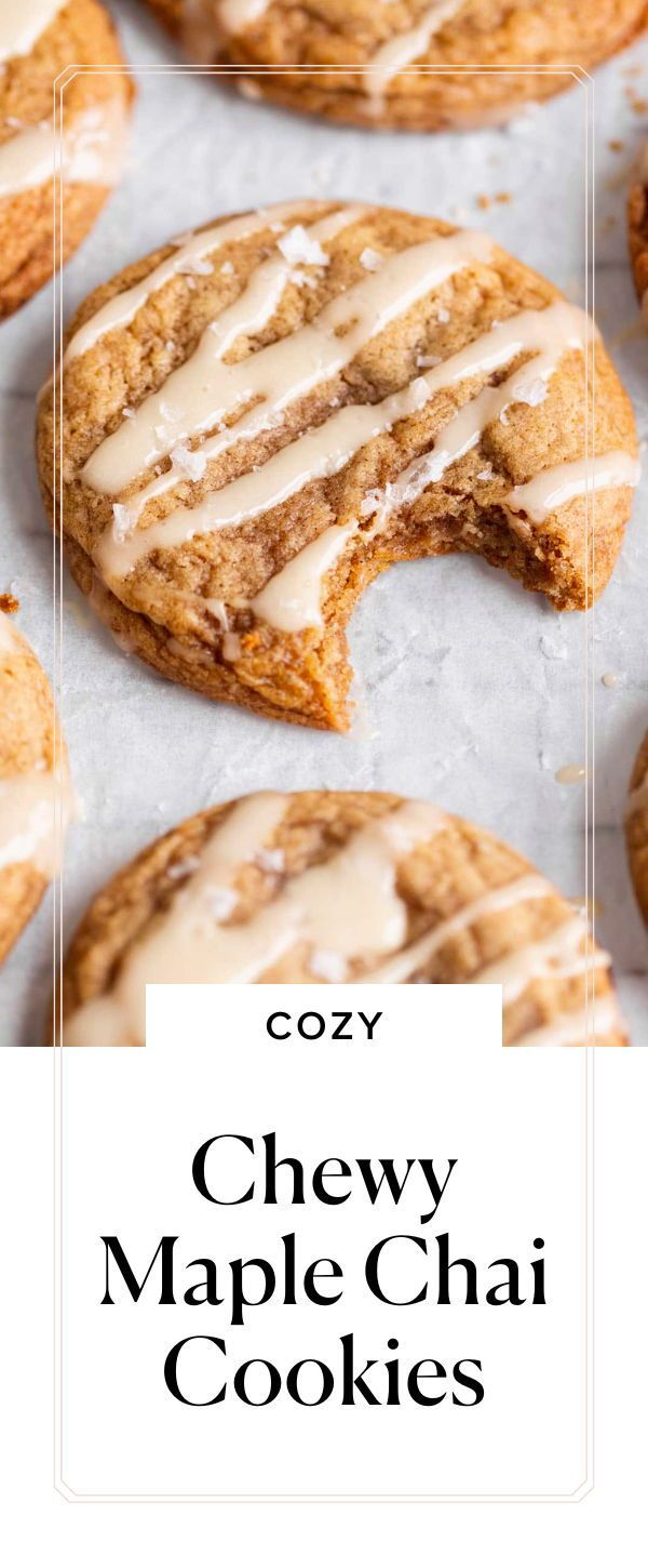 chewy maple chai cookies with icing on top and the title overlay reads cozy chewy maple chai cookies