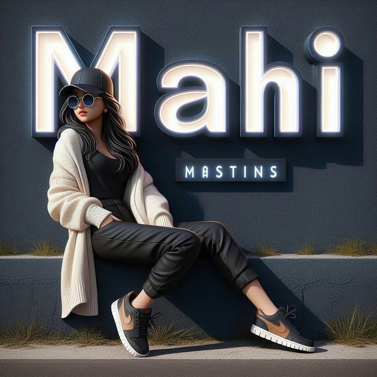 a woman sitting on the side of a building next to a sign that says mahi