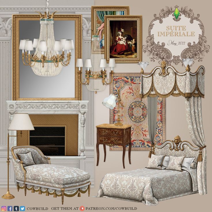 an image of a bedroom set up with furniture and decor on the walls, including a chandelier