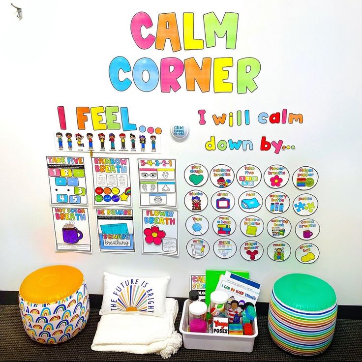 there is a wall with many items on it and the words calm corner written in large letters