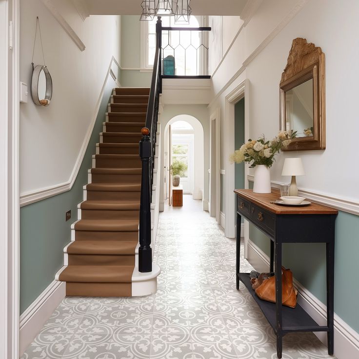 the hallway is decorated in shades of blue and beige with white trim, along with a staircase