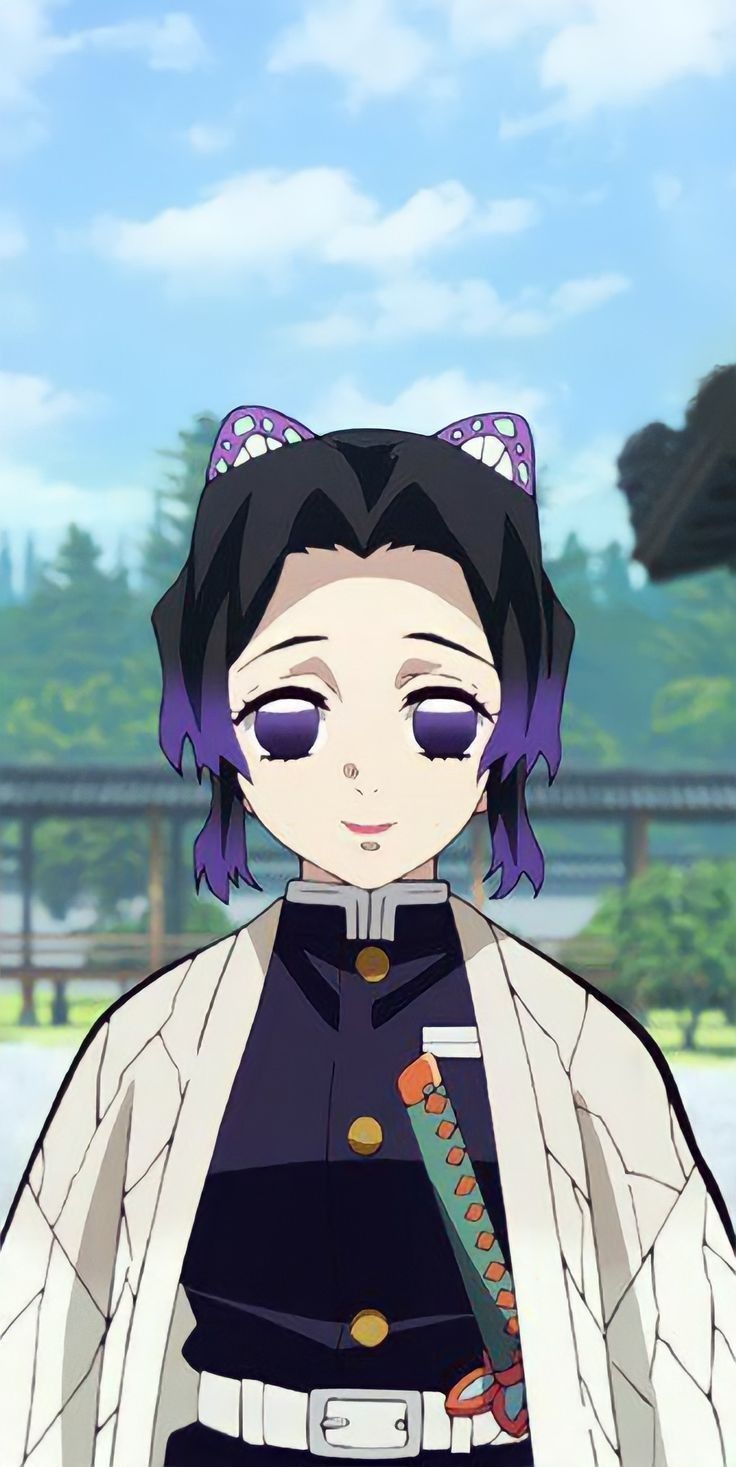 an anime character with purple hair and blue eyes, standing in front of a bridge