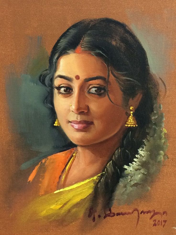 an oil painting of a woman with braids on her hair and wearing yellow sari