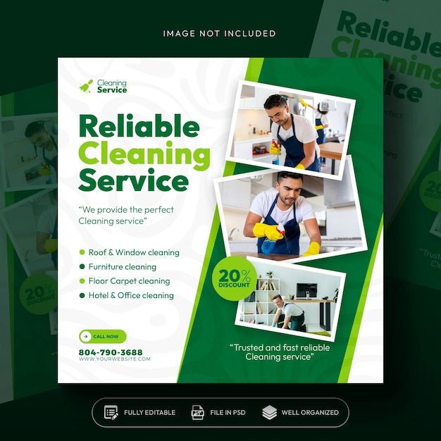 a green cleaning flyer is shown with three photos and the words reliable cleaning service on it