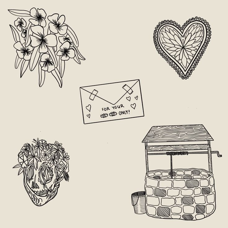 some drawings are shown with flowers and an envelope in the middle one has a heart on it