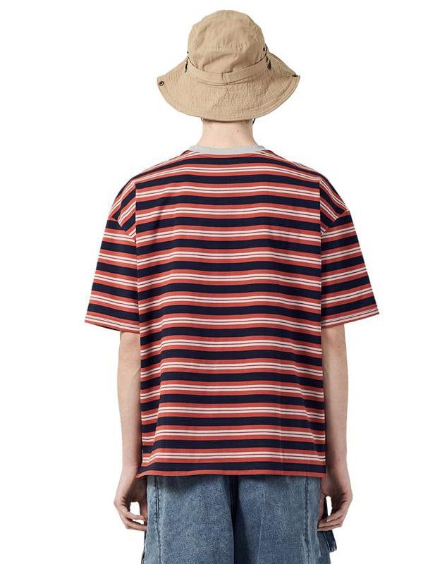 It is an oversized short sleeves t-shirt with stripe pattern. The neckline of the t-shirt has a bias tape inside to prevent it from stretching out easily.- Oversized fit- Multi-colored stripe pattern- Ribbed neck- Colorblock point Relaxed Fit Striped Hem T-shirt For Summer, Summer Relaxed Fit T-shirt With Striped Hem, Summer Striped Hem Relaxed Fit T-shirt, Summer Short Sleeve T-shirt With Striped Hem, Striped T-shirt With Contrast Stripes And Relaxed Fit, Retro Striped T-shirt For Streetwear, Casual Short Sleeve T-shirt With Vertical Stripes, Casual Short Sleeve T-shirt With Striped Collar, Summer T-shirt With Striped Hem And Short Sleeves