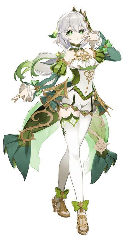 an anime character with white hair and green clothes, holding her hands on her hips