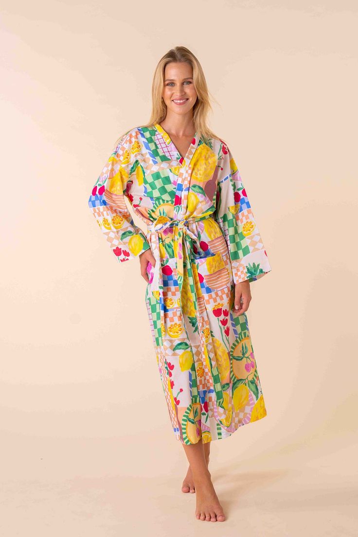 Introducing the Lydia Robe from KAS's vibrant pyjama wear range! Crafted from luxurious 100% cotton material, this robe is your ticket to stylish relaxation. Embrace the playful vibes with its funky design adorned with tropical fruits, adding a burst of colour to your loungewear collection. Whether you're unwinding after a long day or lounging on lazy weekends, the Lydia Robe promises comfort and flair in equal measure. Dive into tropical paradise every time you slip into this cozy robe. Summer Patterned Sleepwear, Multicolor Cotton Sleepwear For Lounging, Spring Patterned Printed Sleepwear, Multicolor Cotton Sleepwear For Sleepovers, Comfortable Multicolor Summer Sleepwear, Patterned Cotton Sleepwear For Spring, Playful Printed Spring Sleepwear, Playful Printed Sleepwear For Spring, Multicolor Sleepwear For Spring