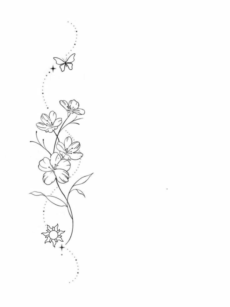 a line drawing of flowers and butterflies on a white background