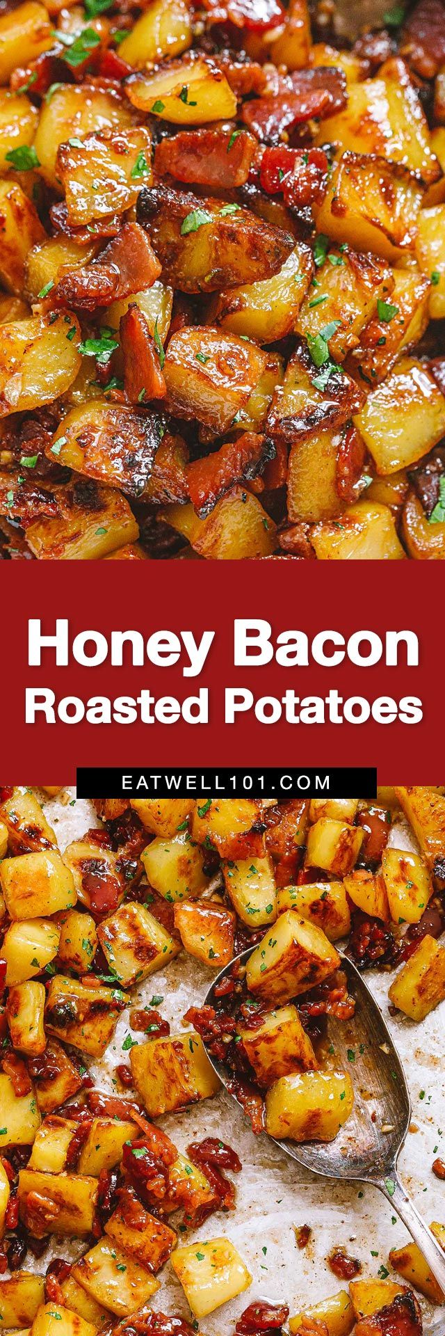 honey bacon roasted potatoes on a baking sheet with the title overlay reads honey bacon roasted potatoes