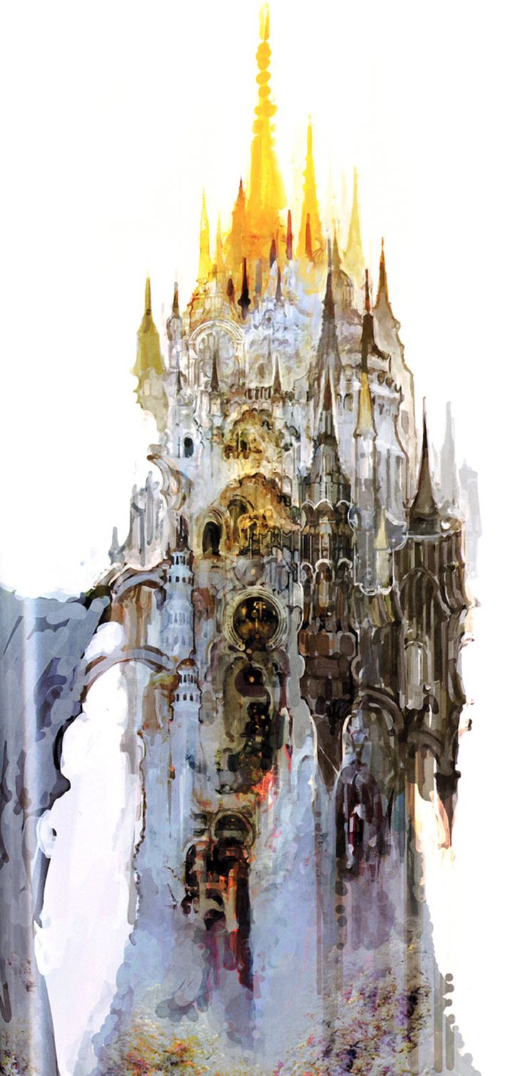 an artistic painting of a castle with lots of spires