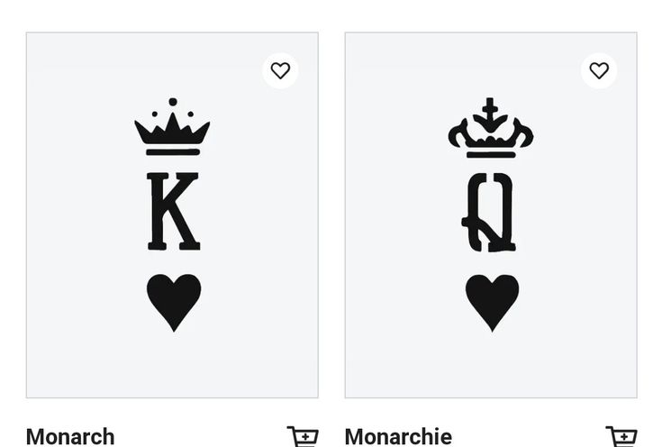 two cards with the letters k and c in different font styles, one has a crown on