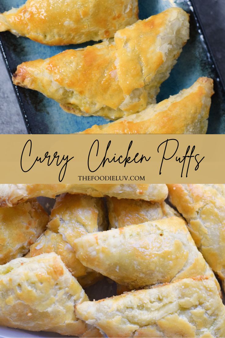 chicken puffs on a plate with the title text overlay reads, carry chicken puffs