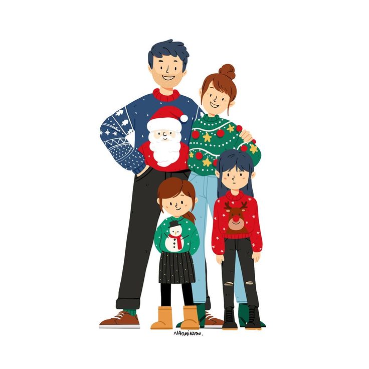 a family wearing christmas sweaters and standing together