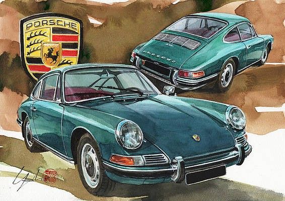 two green porsches are shown in this artistic watercolor painting, one is blue and the other is red