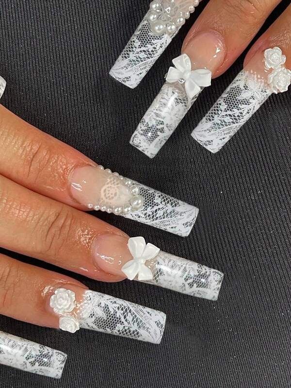 Buscar Press Nails | SHEIN White And Bling Nails, Lace Acrylic Nails, Lace Nails Designs, Nails Lace, Lace Pattern Design, Lace Nail Design, White Lace Nails, Quinceanera Nails, Lace Nails