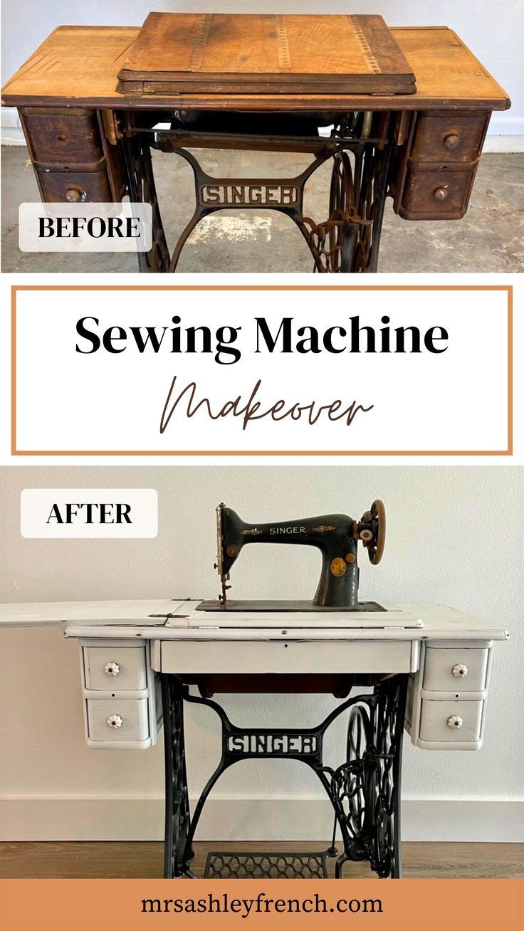 an old sewing machine turned into a table with drawers and a sewing needle on top