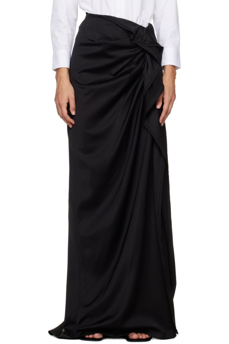 Black Formal Draped Skirt, Elegant Satin Maxi Skirt For Work, Evening Draped Lined Skirt, Evening Satin Asymmetrical Draped Skirt, Evening Asymmetrical Satin Draped Skirt, Asymmetrical Satin Draped Skirt For Evening, Black Formal Relaxed Draped Skirt, Black Relaxed Draped Skirt For Formal Occasions, Formal Black Relaxed Draped Skirt