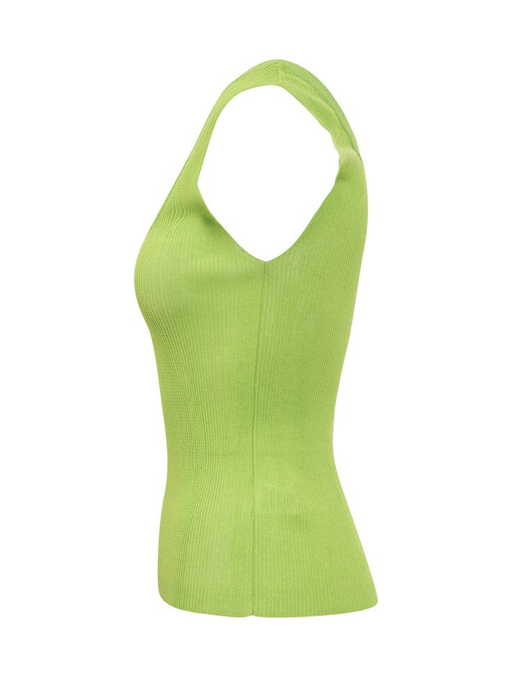 Sleeveless top. u-neck. Rib knit workmanship.Composition: 75% Viscose, 25% Polyamide Fitted Knit Halter Neck Tank Top, Chic Stretch Knit Top Vest, Elegant Green Stretch Tank Top, Chic Stretch Sleeveless Knit Top, Chic Green Stretch Vest, Chic Sleeveless Stretch Knit Top, Chic Seamless Vest For Spring, Green Stretch Sleeveless Knit Top, Green Sleeveless Stretch Knit Top