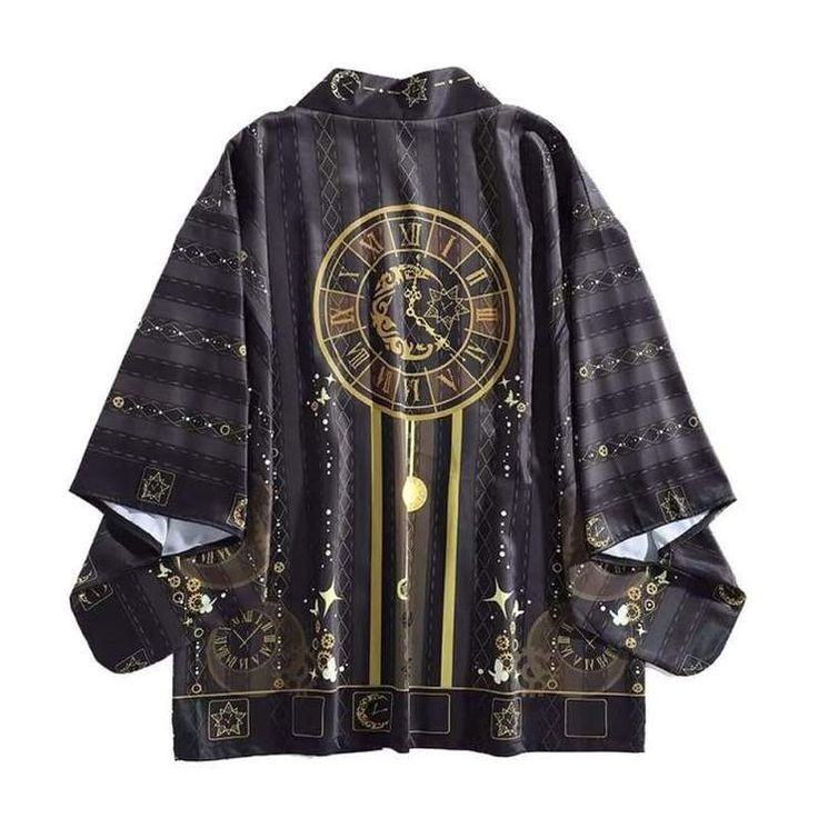 This black unisex haori features a procession with a gold vintage clock; it's designed the starry night painting with shining stars and butterflies. The material of Charmante Satin makes a high-density digital printing and it has very soft and smooth touch; This haori is worn atop a kimono. You can also have a good look to wear it as a coat with pants and a shirt. Boho Japanese, Gothic Boho, Male Outfits, Kimono Shirt, Egirl Outfits, Cardigan Kimono, Cardigan Shirt, Kimono Cardigan, Other Outfits