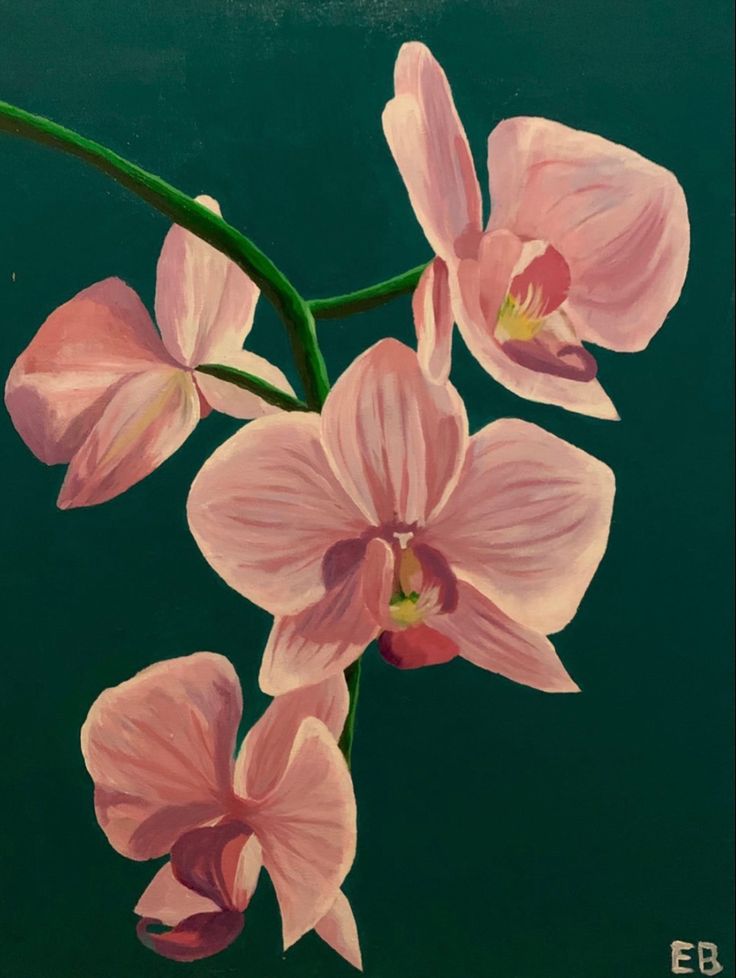 an oil painting of pink orchids on a green background by eb art studio