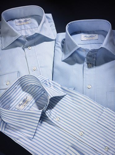 Our spread collar shirts in classic blue and white patterns Pinstripe Shirt Outfit, Gents Shirts, Blue Grid, Blue And White Striped Shirt, Dress Shirt And Tie, Twill Shirt, Mens Fall, Wool Suit, Gentleman Style