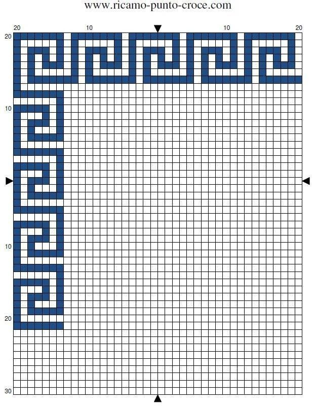 a cross stitch pattern with blue squares in the shape of greek meanders on white paper