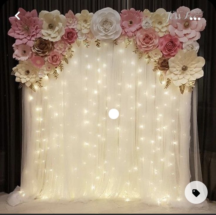 the backdrop is decorated with flowers and lights